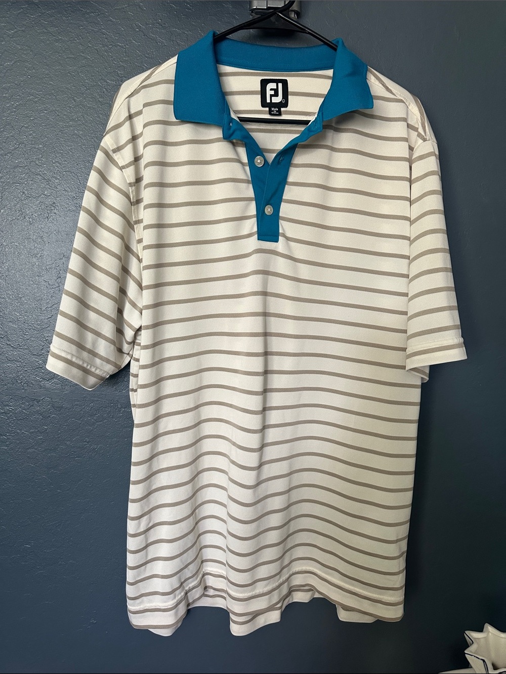 FootJoy Men’s cream Polo with Teal Contrast Collar